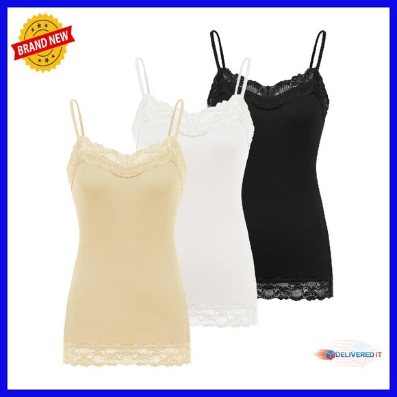Adjustable Spaghetti Strap Lace Trim Cami Tunic Tank Top 3 Pack